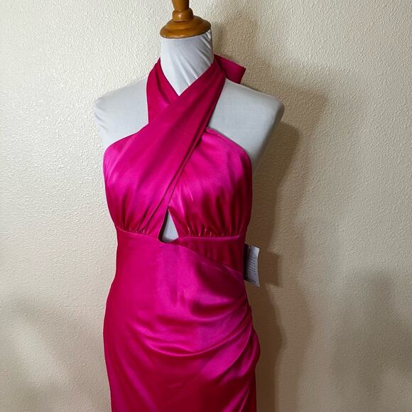 Milly Nicolette Womens Hot Pink Halter Ruched Satin Midi Dress Chic NEW 10 - Picture 3 of 7